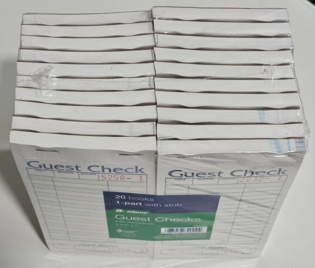 NEW 20 Books Adams 1 Part Guest Check with Stub 50 check per book SA540A Receipt