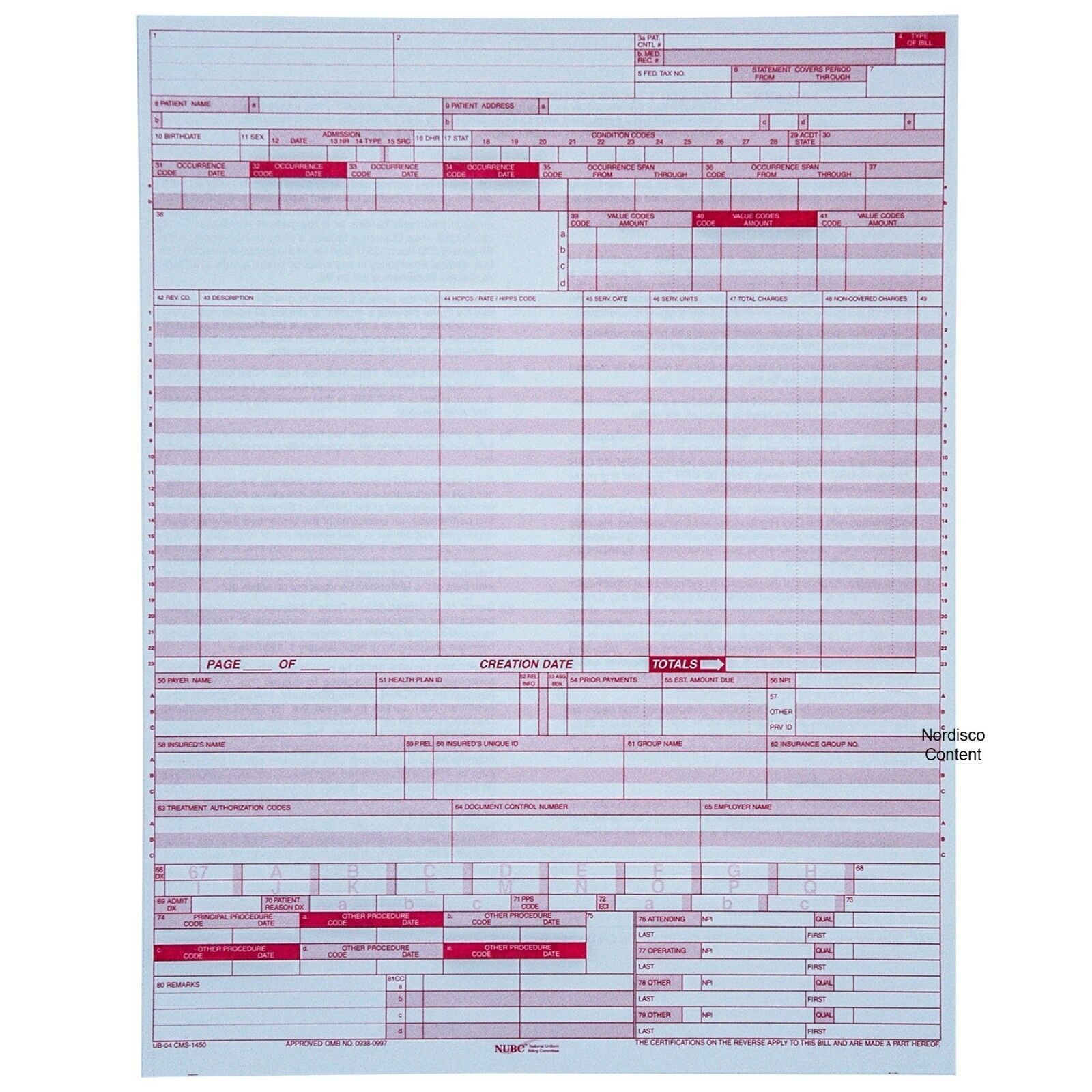 UB-04 Claim Form, CMS-1450 Hospital Claim Form, 8-1/2 x 11″, Pack of 500
