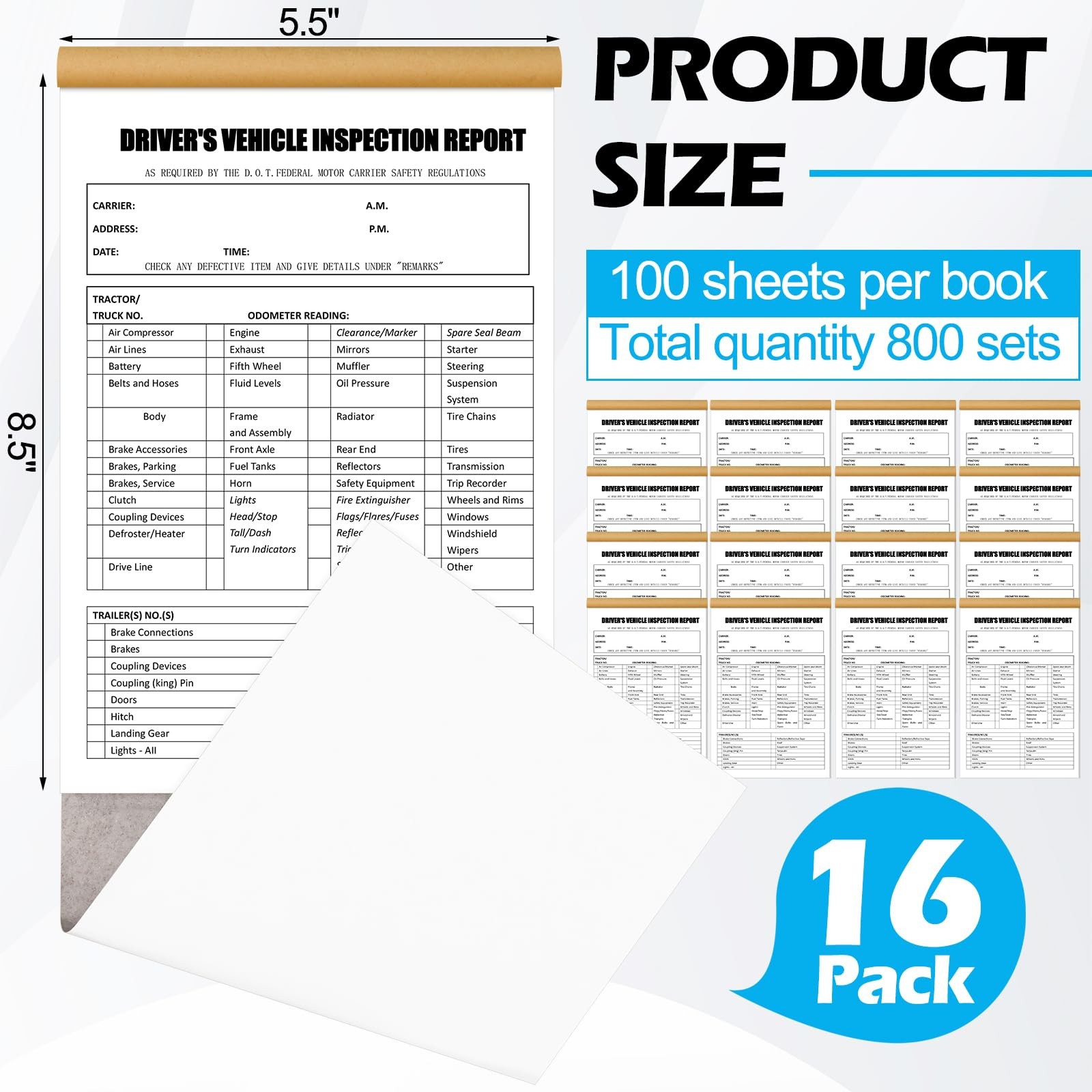 800 Sets (16-Pack) Detailed Driver’s Vehicle Inspection Report 8.5″ x 5.5″ Da…
