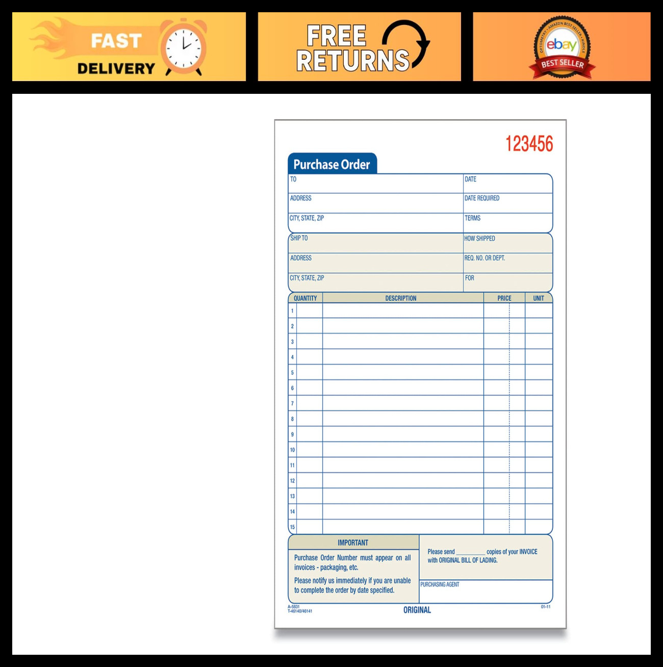 Carbonless Purchase Order Forms, 8″x6″, 3-Part, 10 Books/Pack, Office Supplies