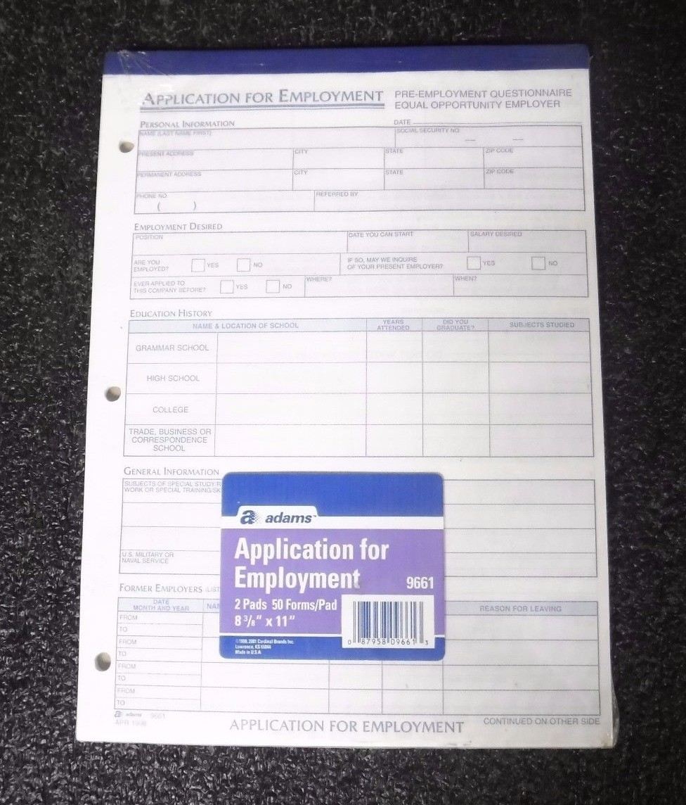 APPLICATION FOR EMPLOYMENT, 2 PADS 50 FORMS/PAD (M)