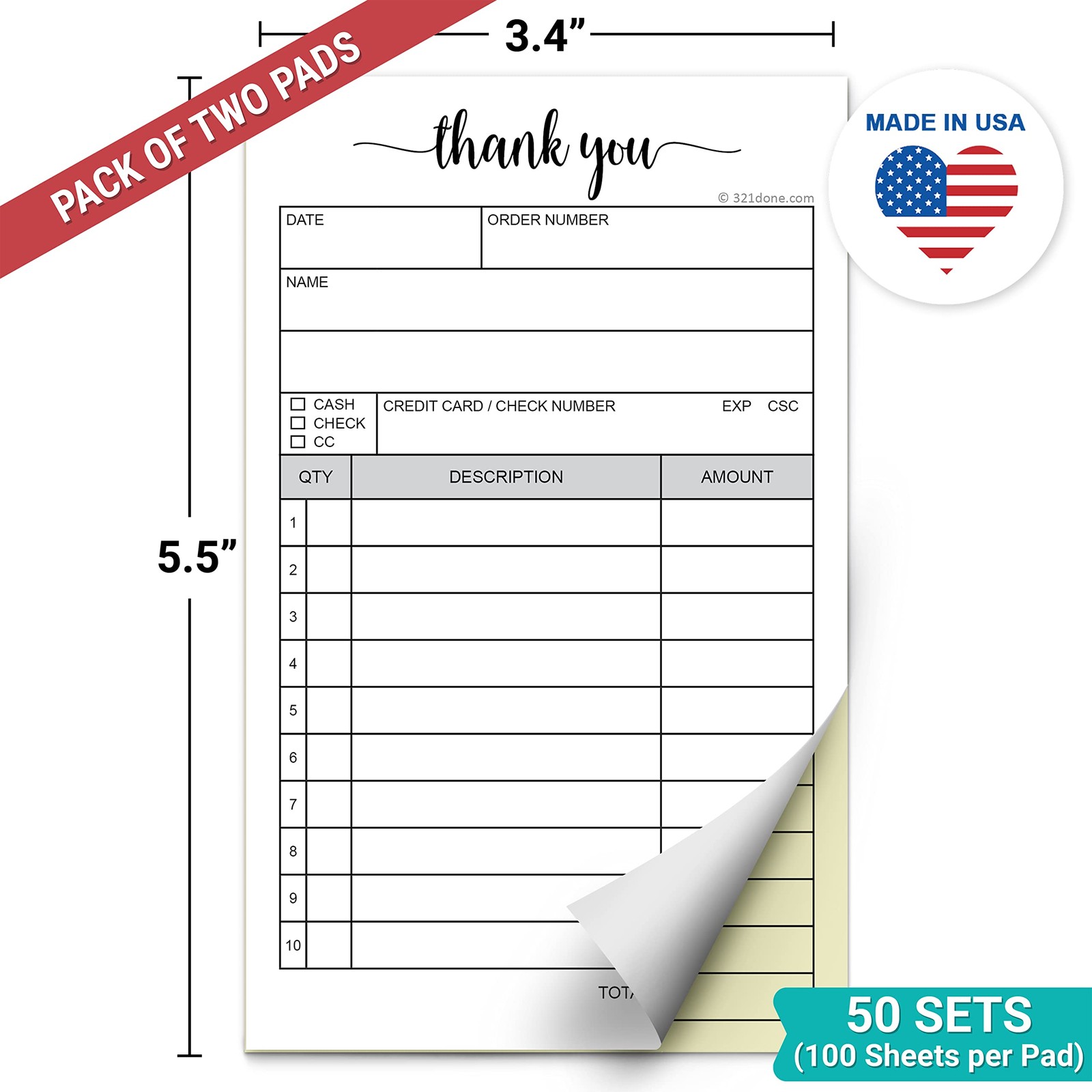 2-Pack Thank You Receipt Book 3.4×5.5 Carbonless White/Yellow