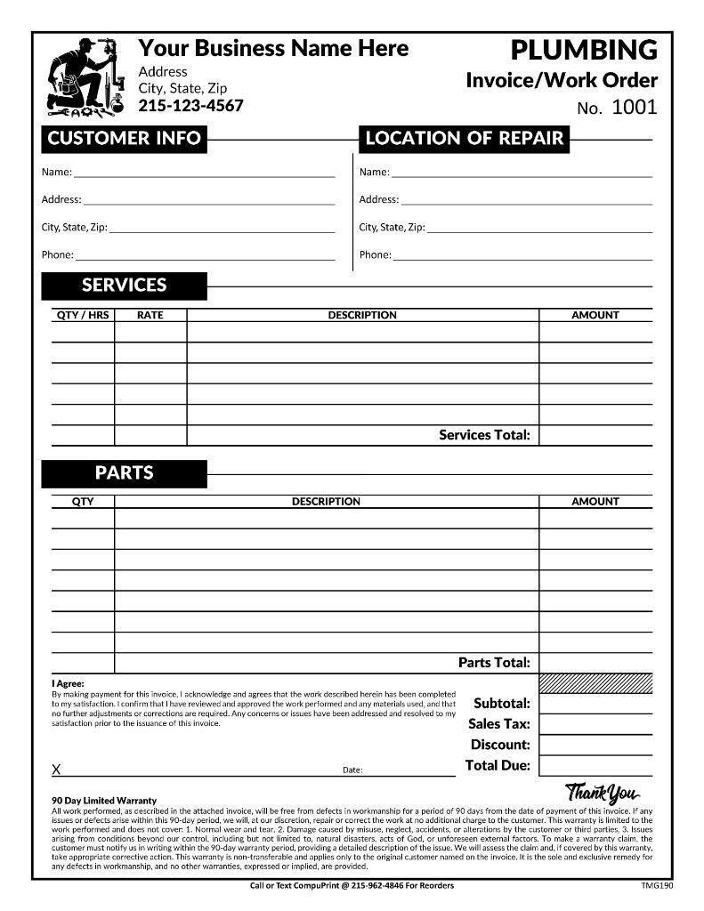 Custom Plumbing Invoice Work Order Form / 8.5 x 11 / 2 or 3 Part / TMG190