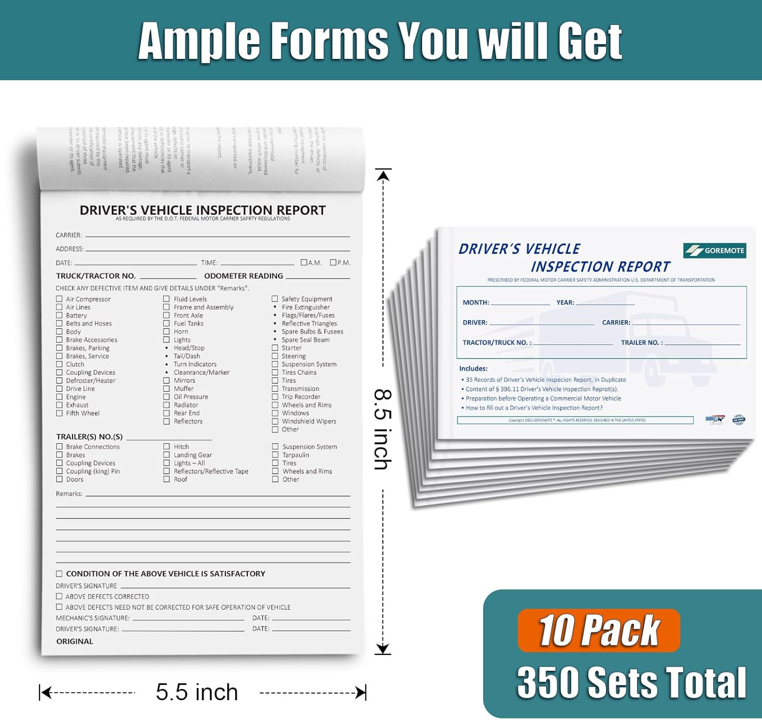 Detailed Driver’S Vehicle Inspection Report, 10 Pack, Pre Trip Inspection Book f