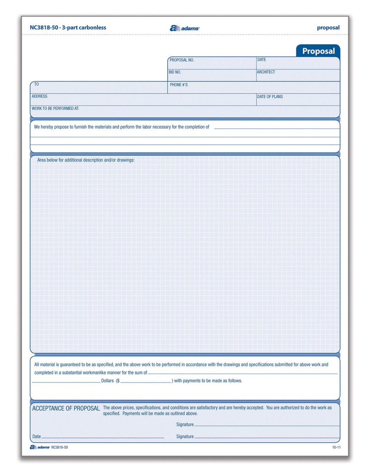 Adams 3-Part Carbonless Proposal Forms 8.5 X 11 Inches 50 Sets White Pink