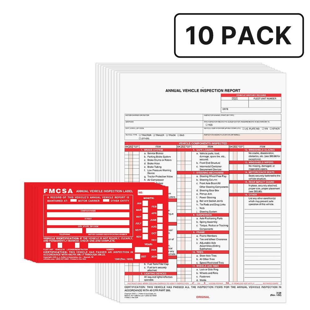 J. Keller 10-Pack, Annual Vehicle Inspection Report Form & 10-pack, Red