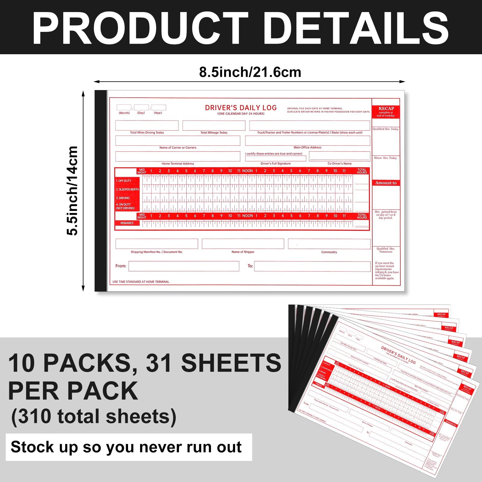 10 Pack Driver Daily Log Book 8.5″ x 5.5″ Log Book with Detailed Driver Vehic…