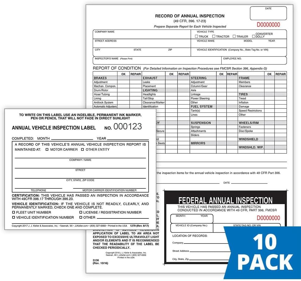 J. J. Keller 10-Pack, Record of Annual Inspection Form with Inspection Label …
