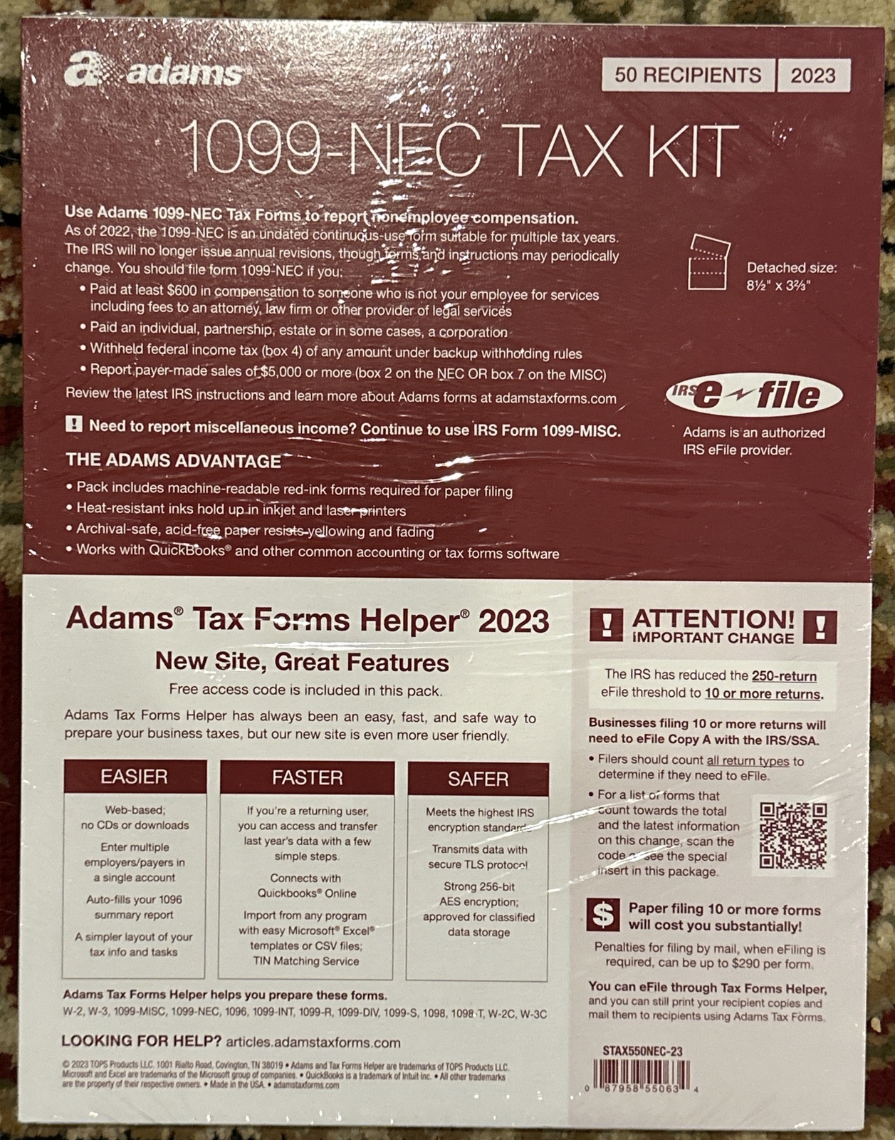 Adams 2023 1099-NEC Tax Forms Kit with Adams Tax Forms Helper and 10 Free eFiles