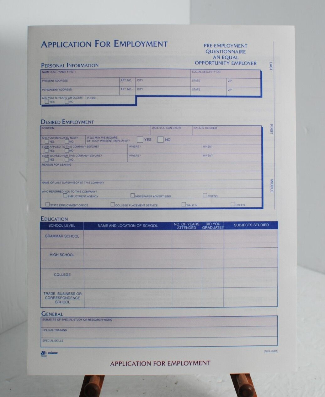 Vintage 2001 Adams 9288 Lot of 21 Application for Employment