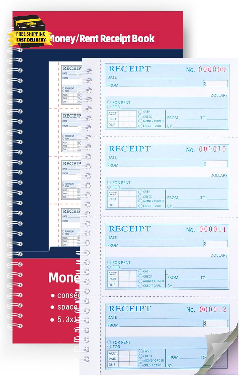 Receipt Books with Carbon Copies,Money and Rent Receipt Book,3-Part Carbonless,5