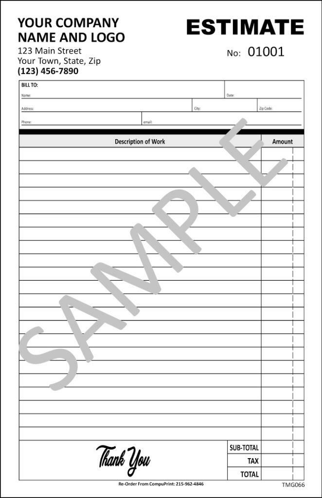 Estimate For Services / 5.5 X 8.5 / 2 or 3 Part Carbonless / TMG066 / Customized