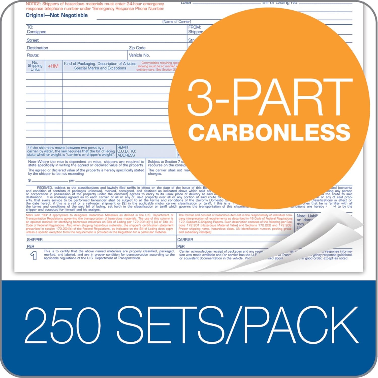 Bill of Lading Short Form, 8-1/2 X 7-7/16″, White, 3-Part, 250-Count (B3876)