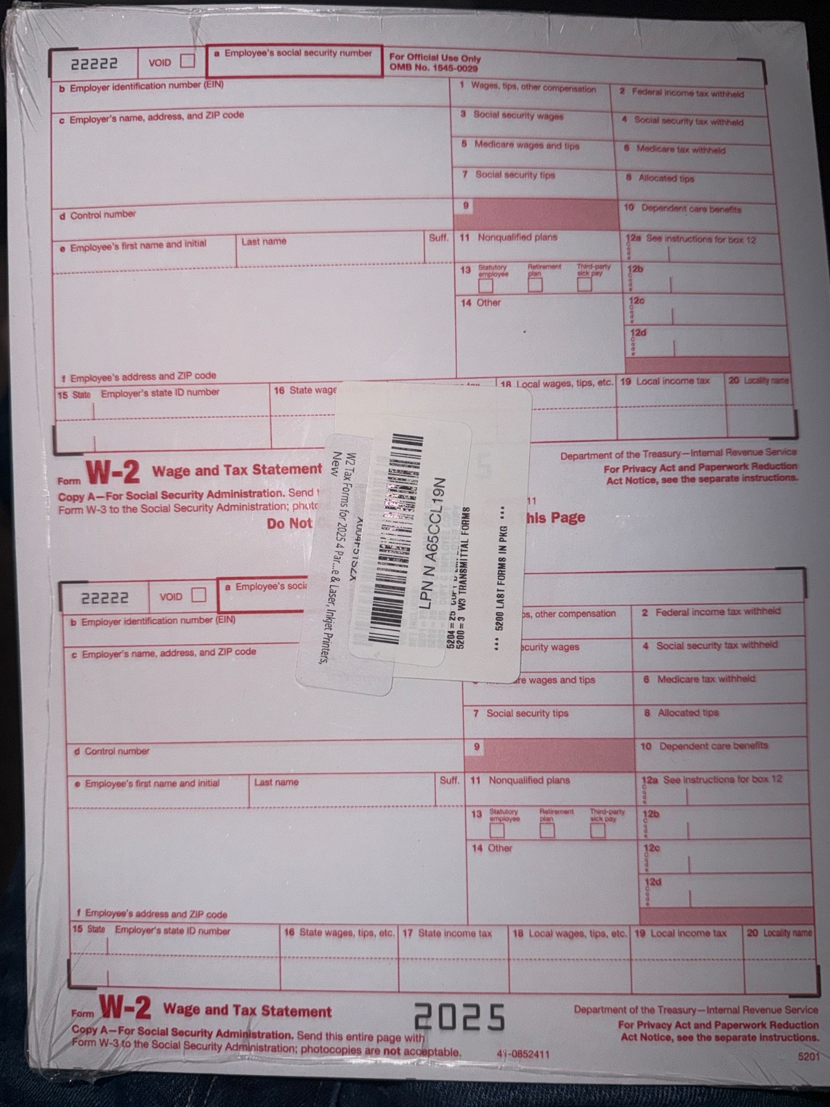 2025 W-2 4-Part Laser Tax Forms Kit + 3 W-3 Transmittals | 25 Employees | IRS ✔️