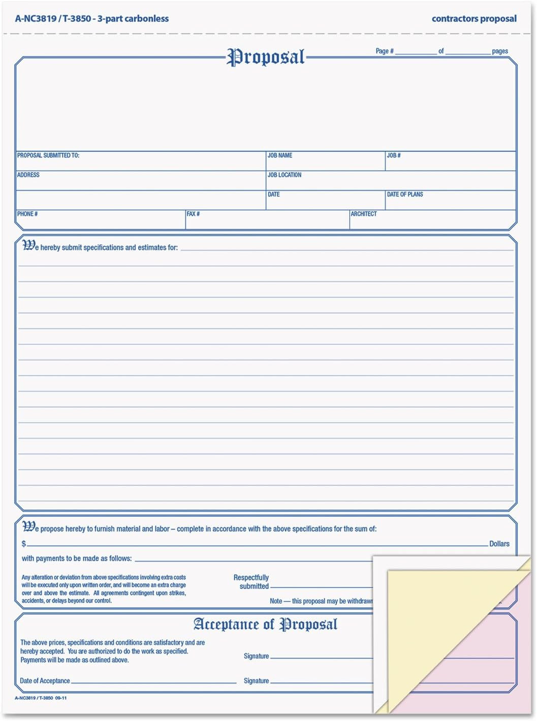 Pendaflex Proposal Form, 3-Part, Carbonless, 8.5 X 11 Inches, Phantom Rule, 50
