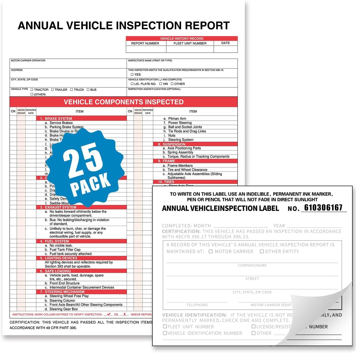 Annual Vehicle Inspection Report Form 25-pk 3-Ply Carbonless, 8.5″ 5*4 inches