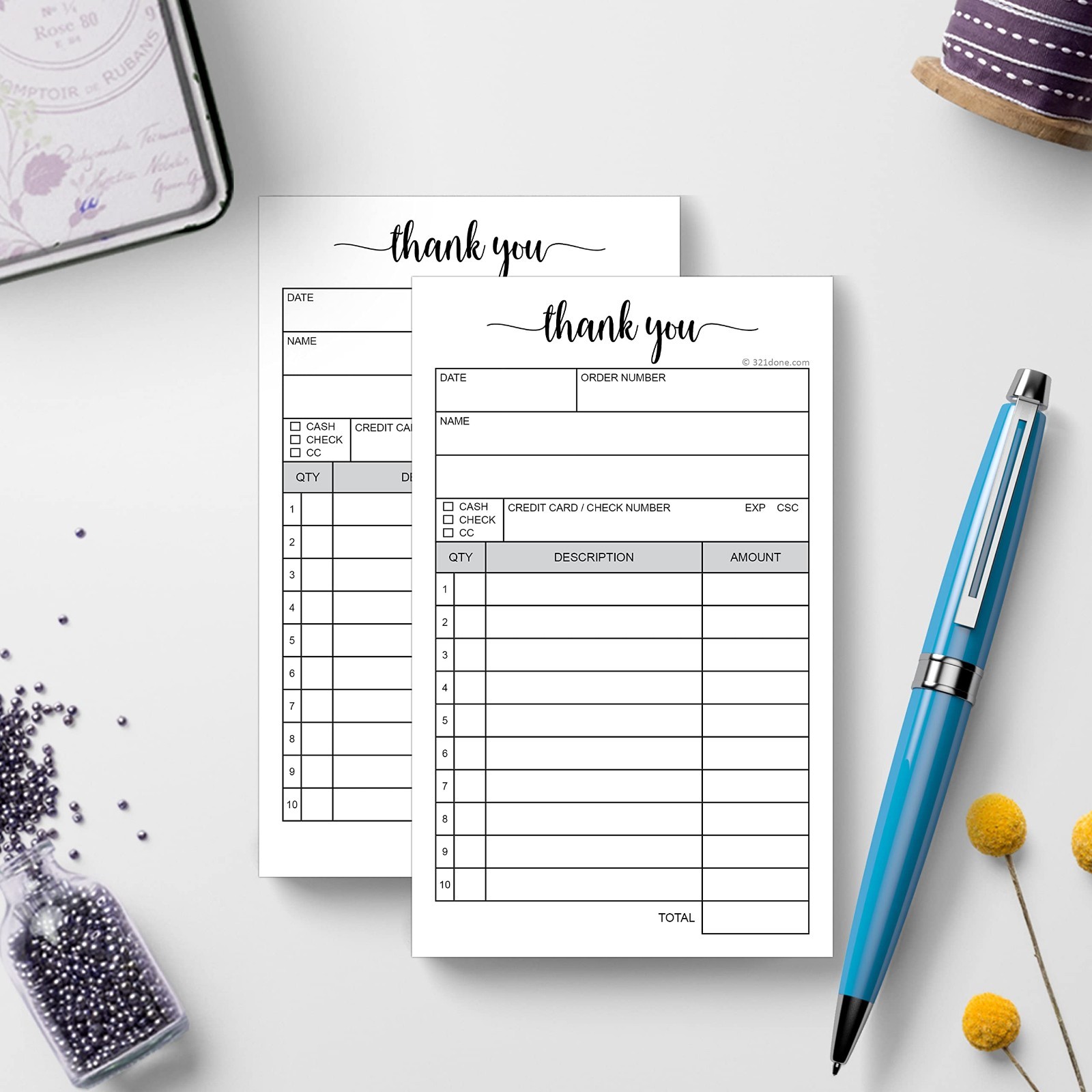 Thank You Receipt Pad 2-Pack, Carbonless Duplicate Sales Order & Invoice, 3.4×5.