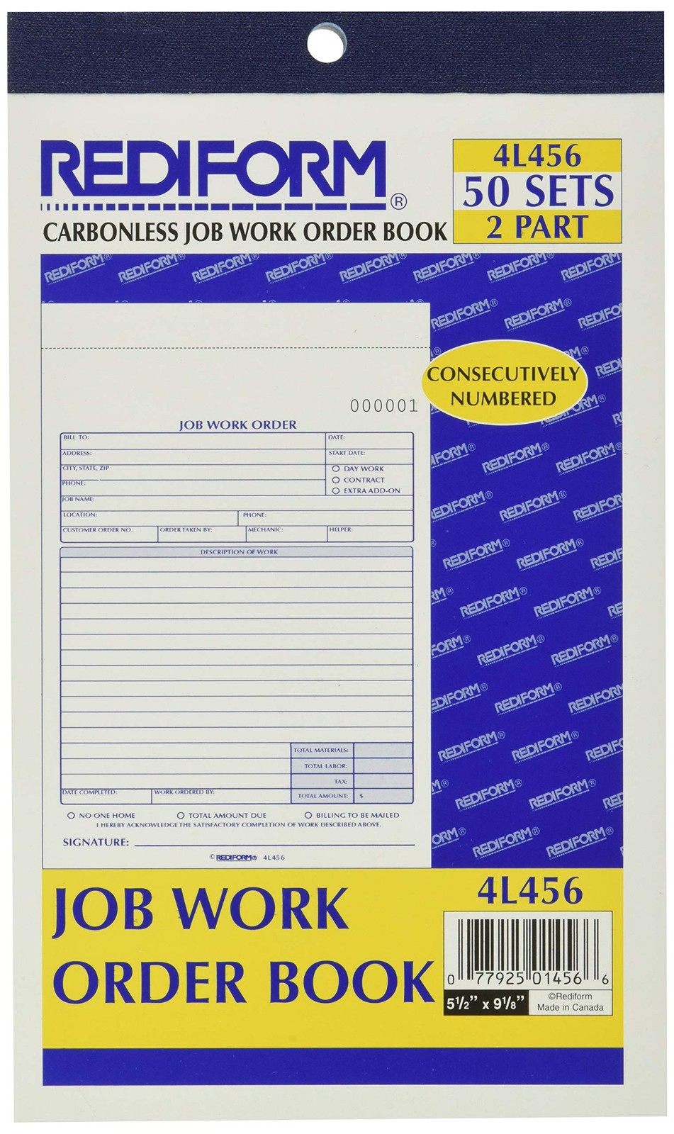 Job Work Order Book 5-1/2 x 9-1/8 Inch Two Part 50 Sets Form Carbonless Paper