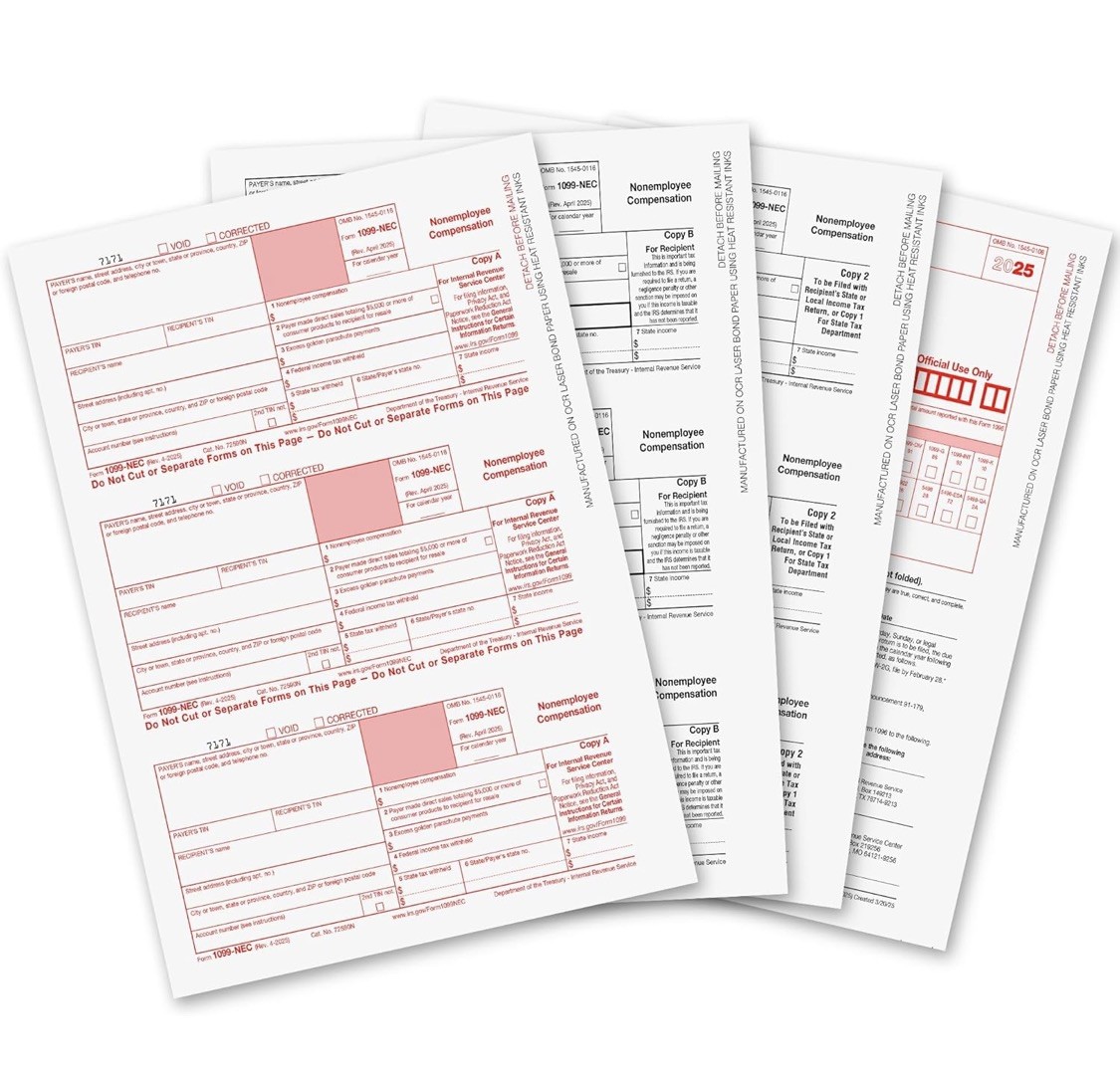 Onguls 1099-Nec 4 Part Tax Forms 25 Pack IRS Approved 2025 NO ENVELOPES