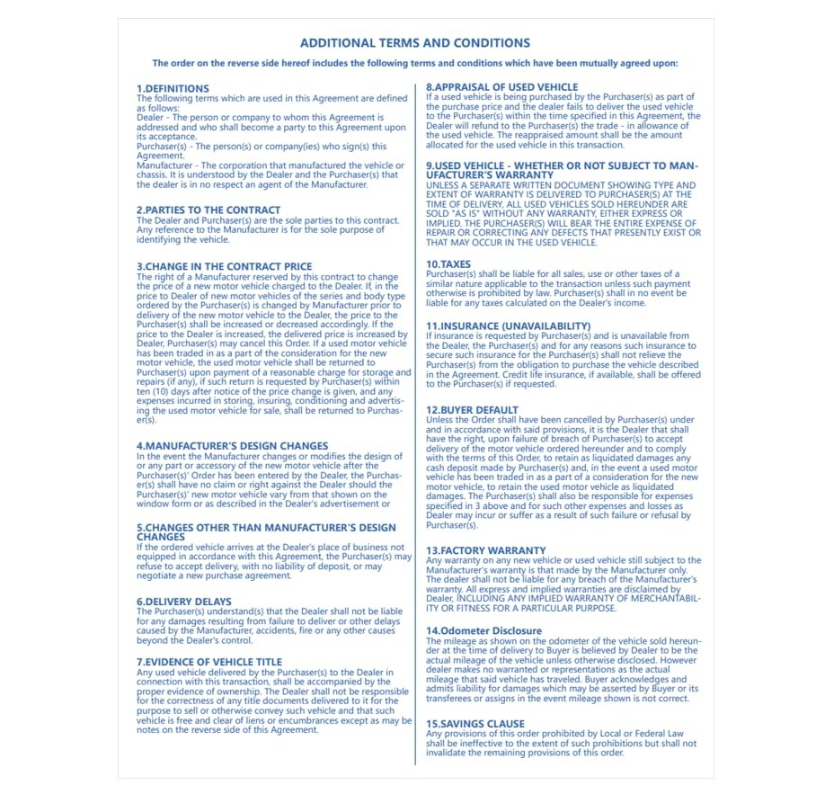 Vehicle Purchase Agreement Forms 2 Part Carbonless Copy Book 8.5 x 11 Blue