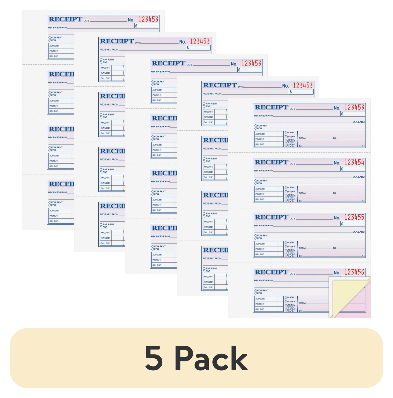 5-Pack Carbonless NCR Rent Receipt Books, 3-Part, 100 Sets per Book, 4 Receipts