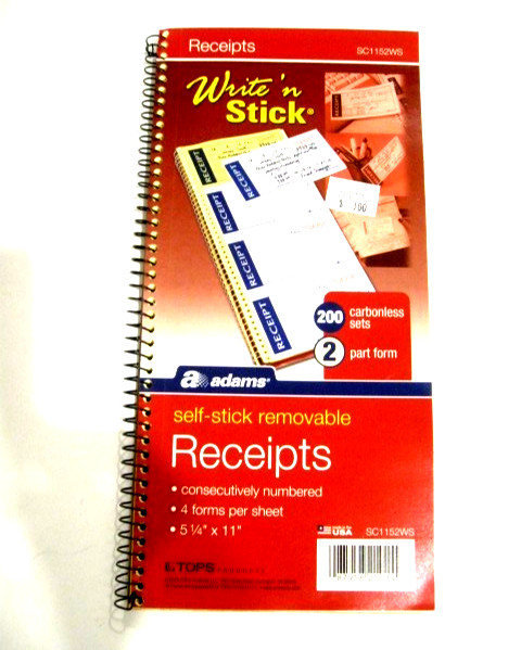 Reciept Book: Adams 2-Part (Duplicate); 200 5 1/4 ” X 2 3/4 ” Carbonless