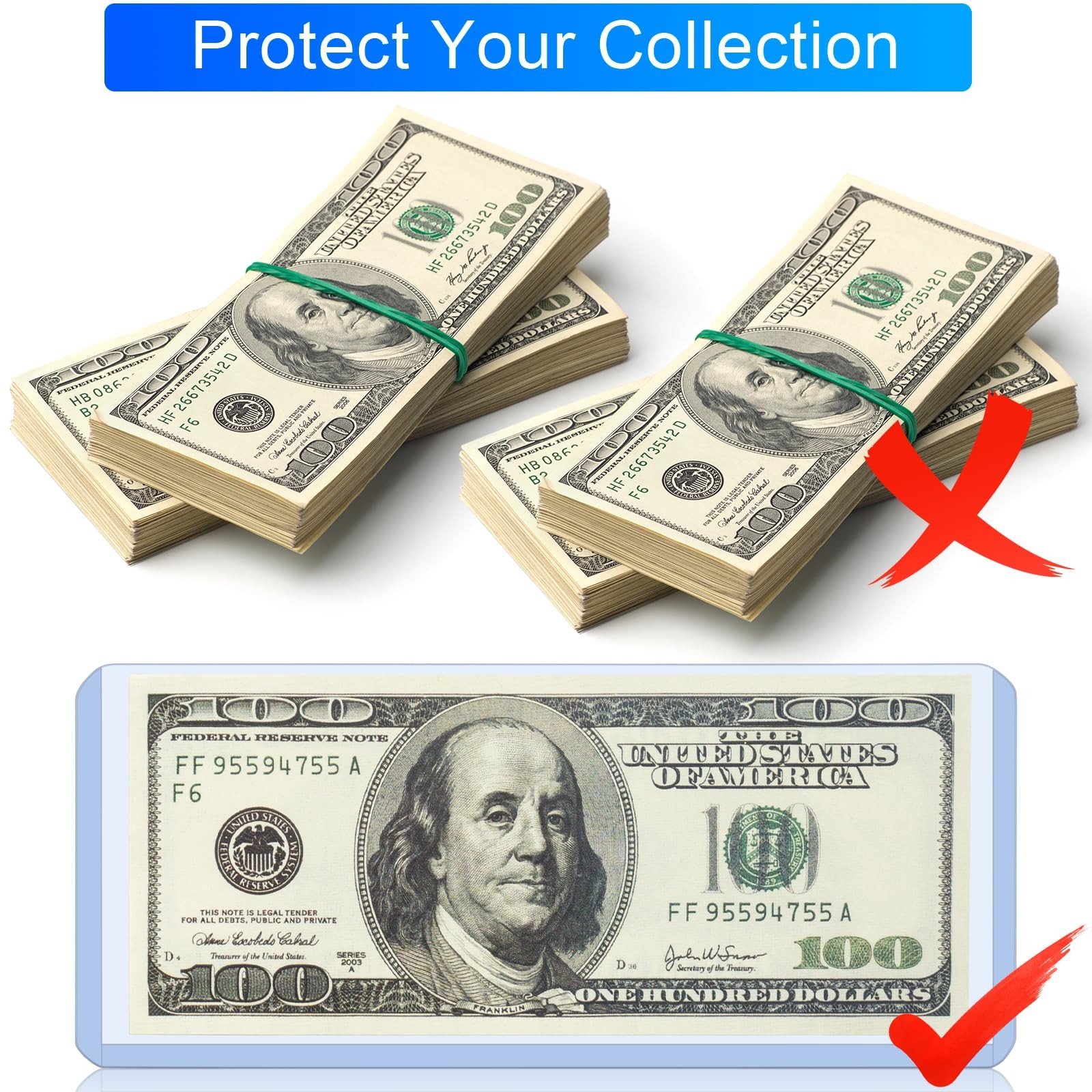 30 Pack Dollar Bill Sleeves 6.8″ x 2.9″ Clear Currency Sleeves, Hard Plastic…