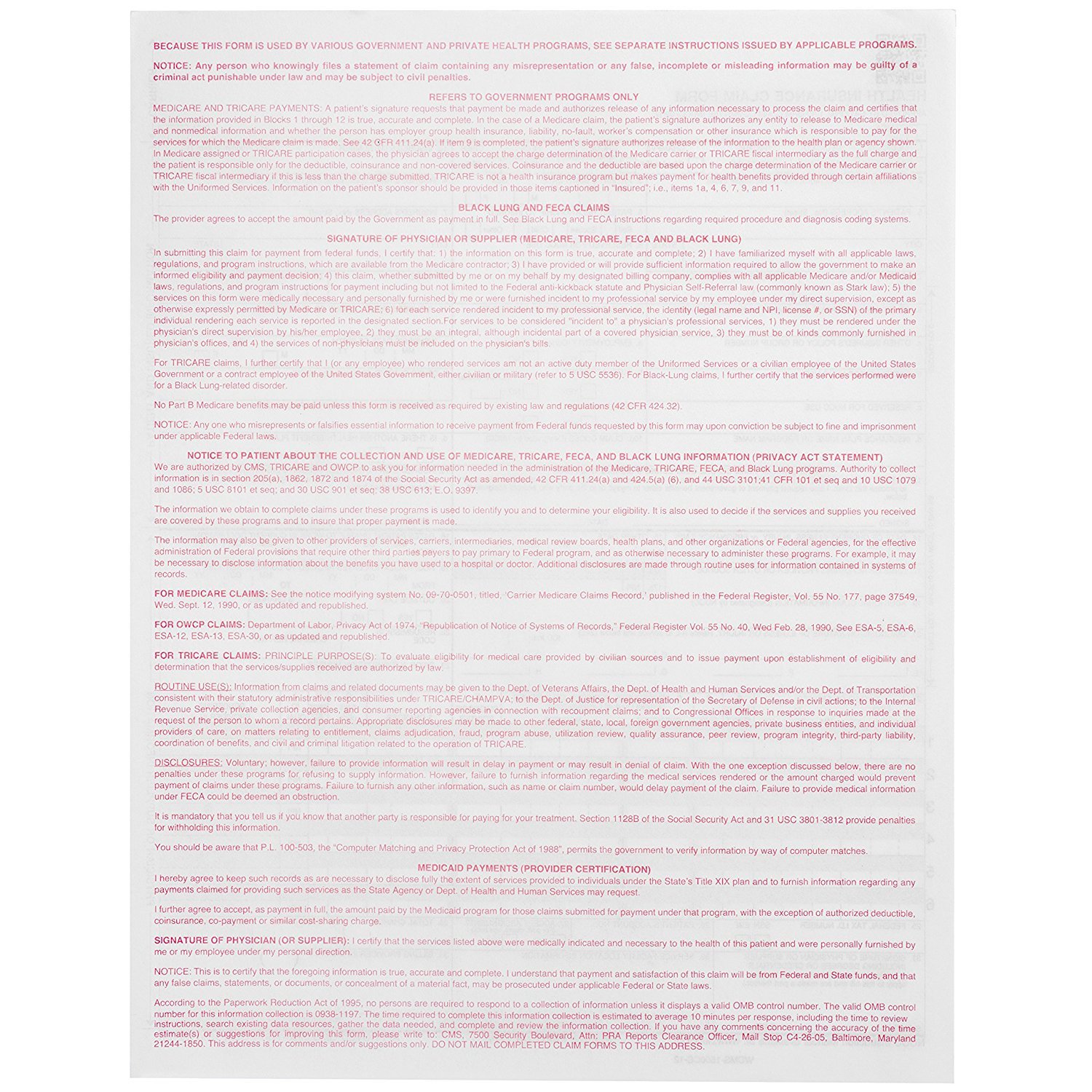 New CMS 1500 – HCFA Insurance Claim Forms and Self-Seal No. 10-1/2 Tinted Window