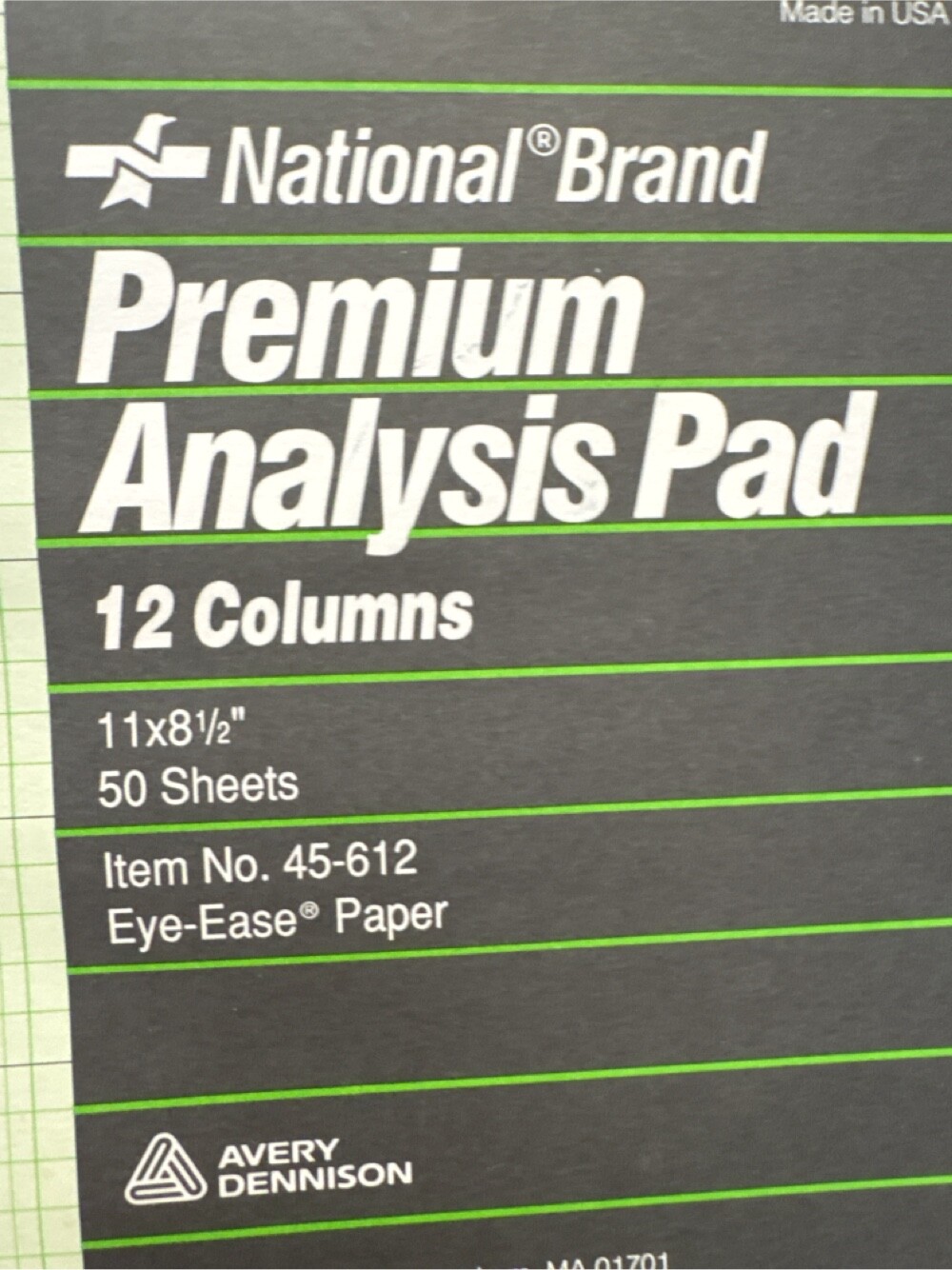 3 vintage Analysis Pad Sheets notebook form 12 column and 6 column partial used