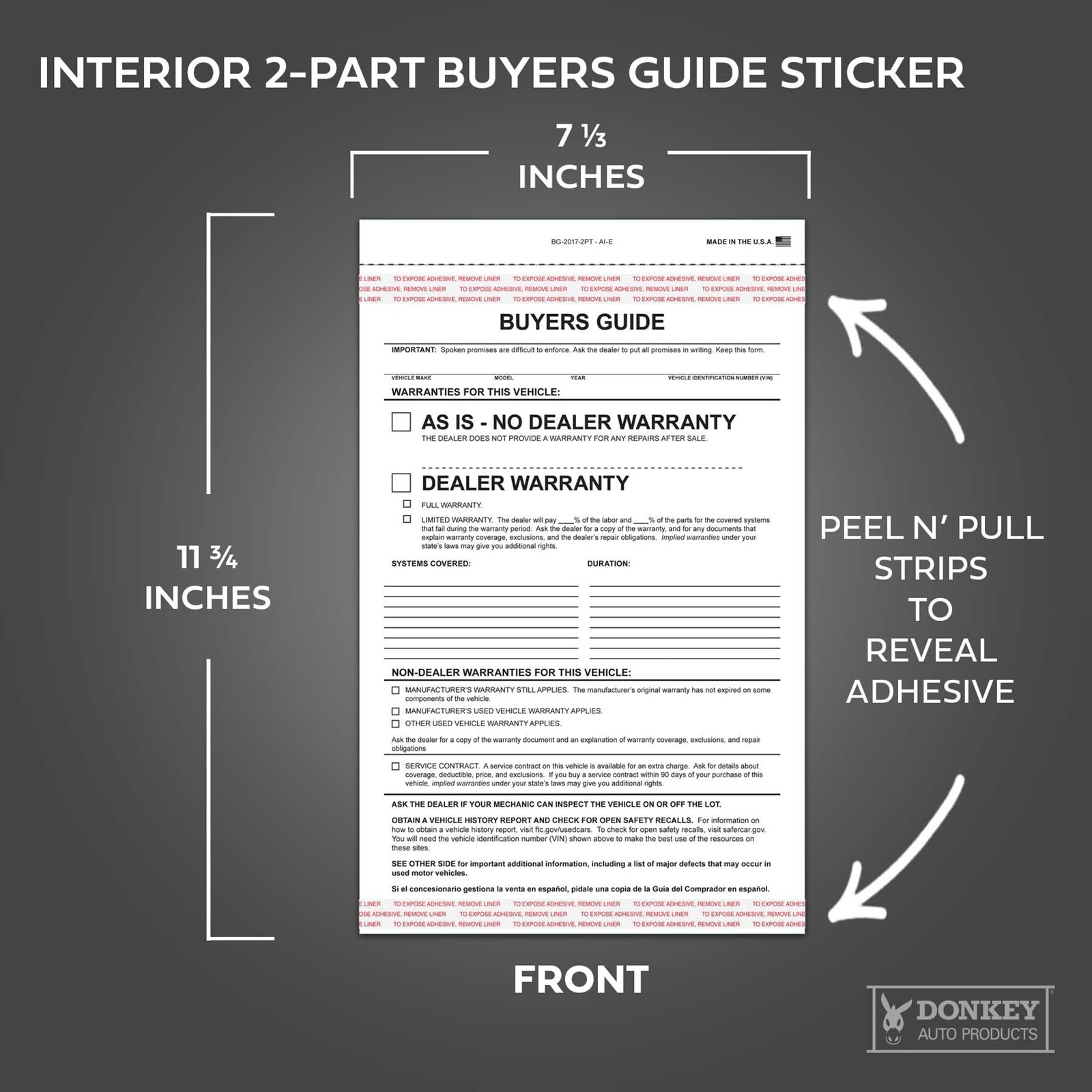 Donkey Auto Products 2 Part Buyers Guide Form – Adhesive Tape – English – As is