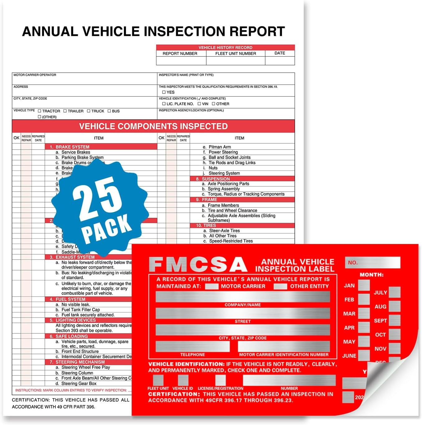 Annual Vehicle Inspection Report Form 25-Pk 3-Ply Carbonless, 8.5″ X 11.75″ + La