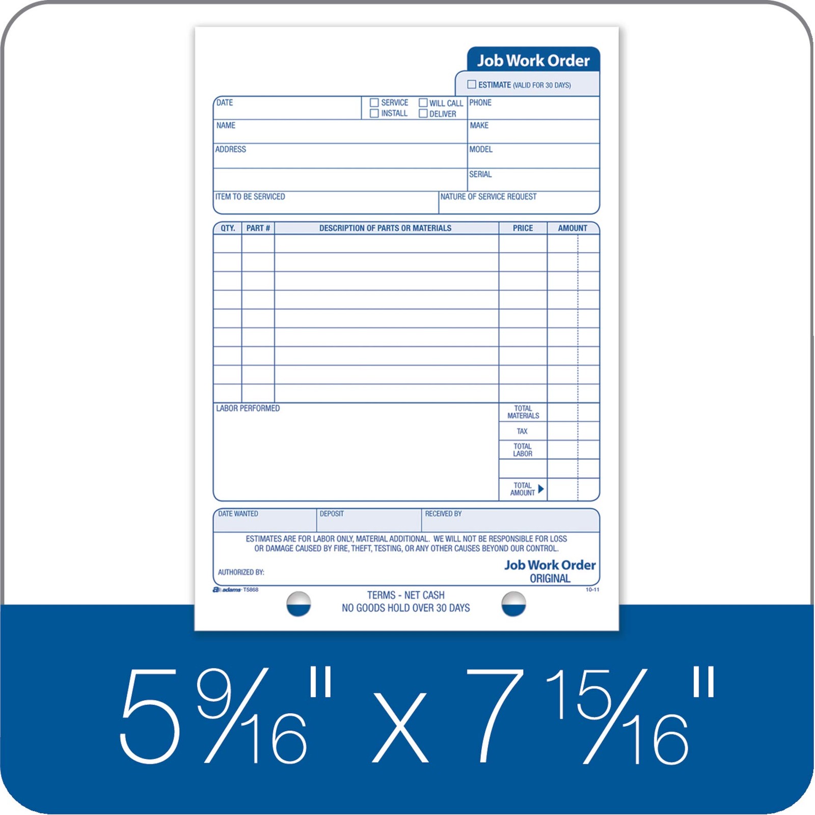 Job Work Order Book, 3-Part Carbonless, White/Canary/White, 5-9/16 x 8-7/16 I…