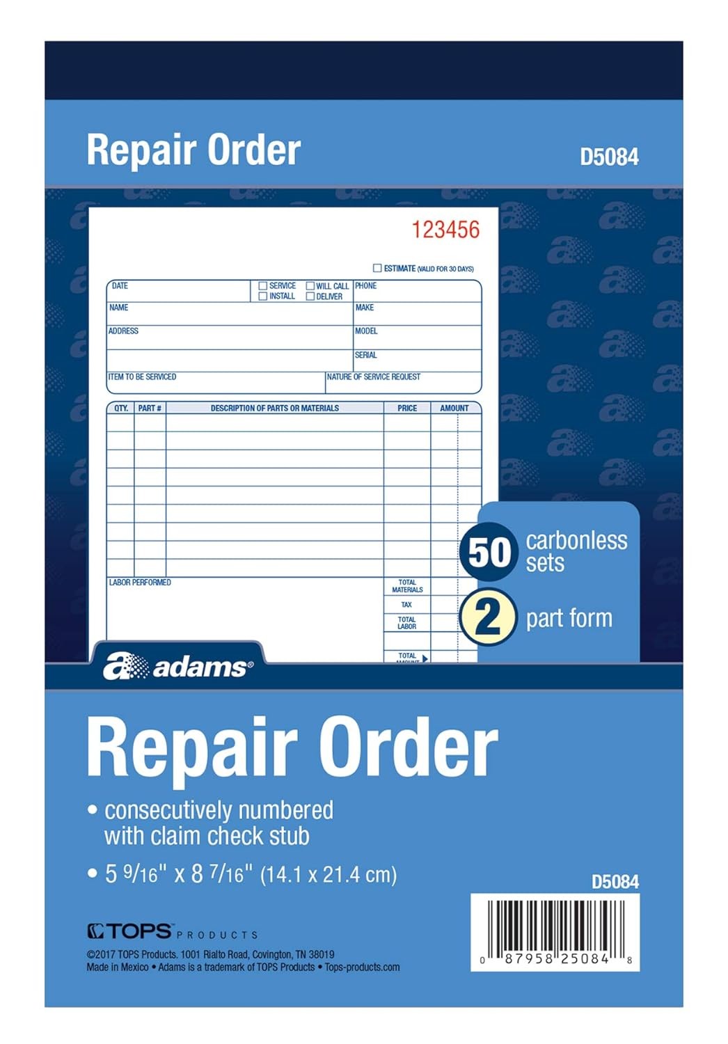 Carbonless 2 Part Repair Order Book 5 9/16 x 8 7/16 Inches White/White 50 Sets