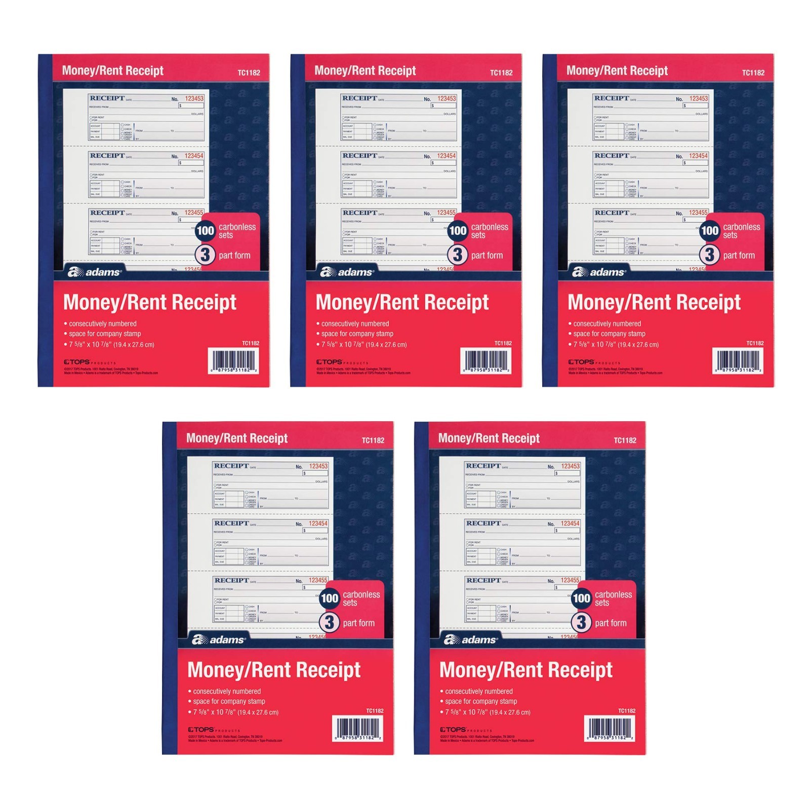3-Part Carbonless Money & Rent Receipt Books, 100 Sets, Wraparound Cover, 5 Pack