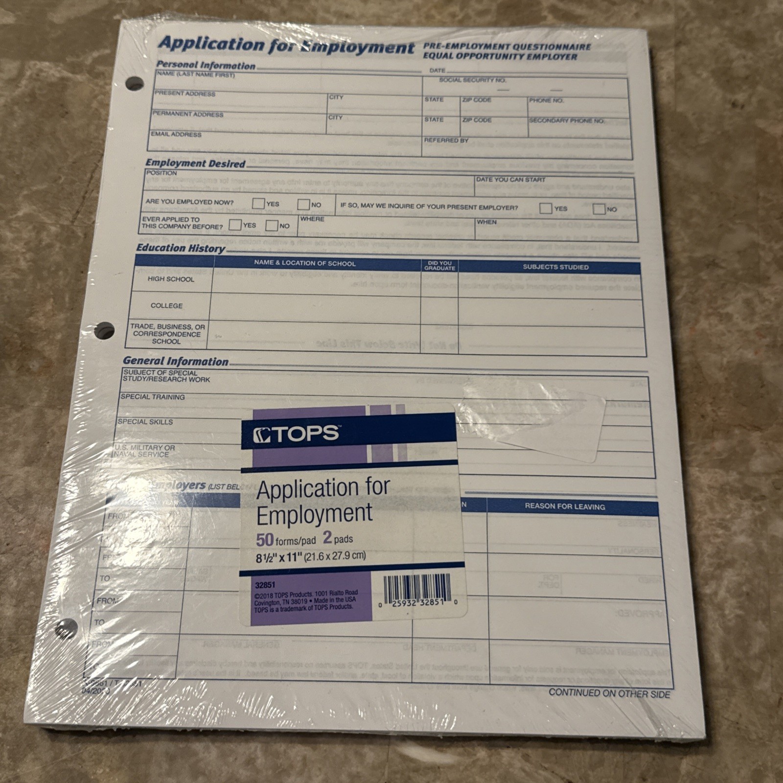 NEW Sealed TOPS Application for Employment Forms 8 1/2″ x 11″ Pack of 50 #32851
