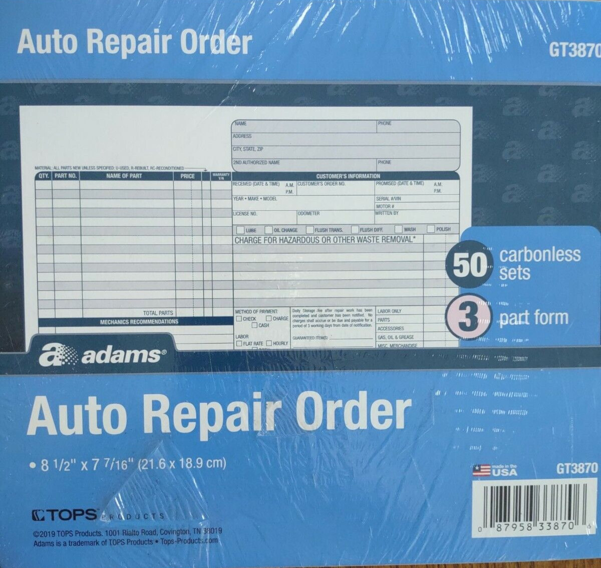 Adams GT3870 Auto Repair Order Book-Brand New-SHIPS N 24 HOURS