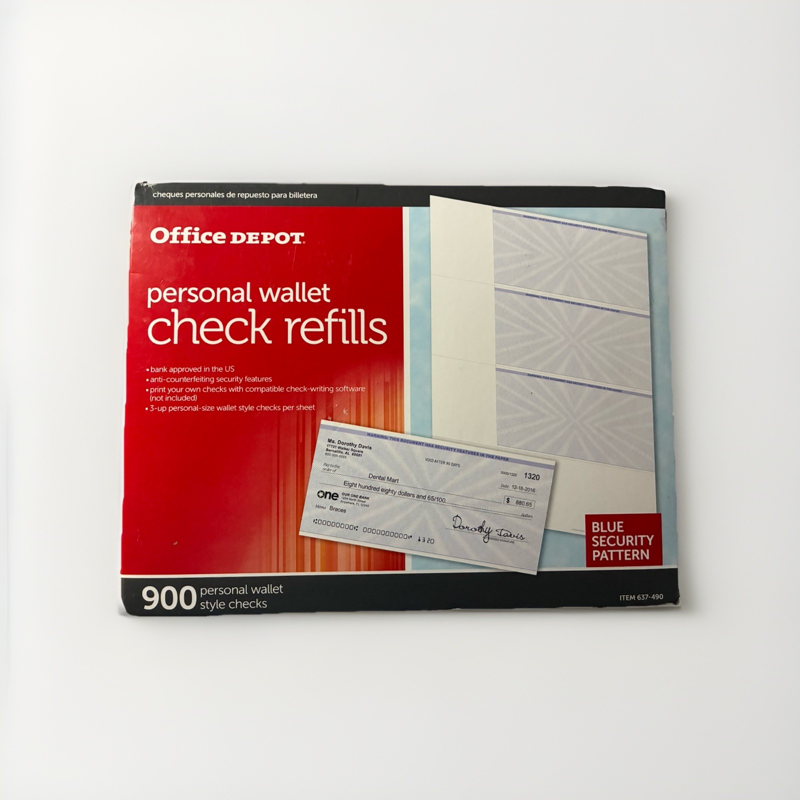 Office Depot Personal Wallet Check Refills 900 Checks Blue Security Pattern NEW