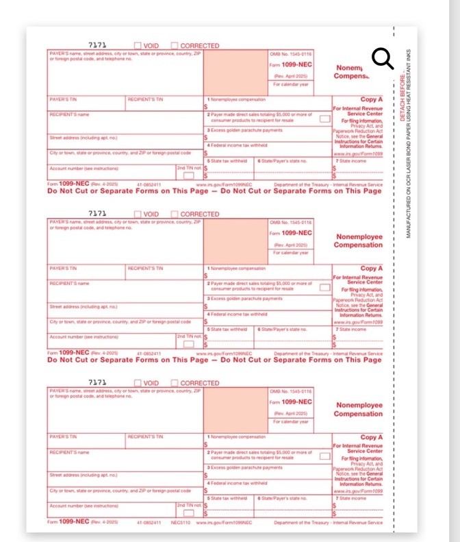 Official IRS FORM 1099-NEC 75 Count No Envelopes