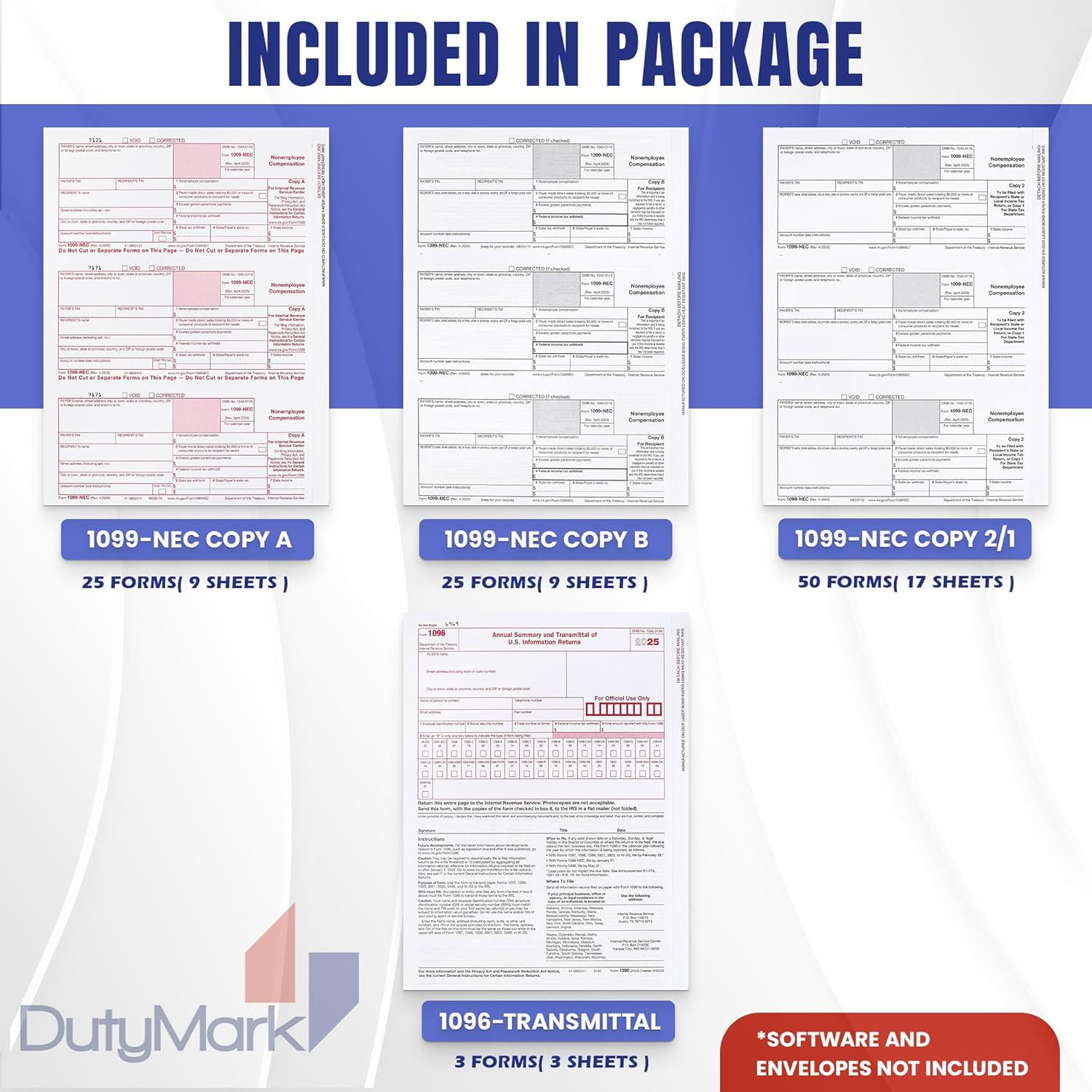 1099 NEC Forms 2025 4 Part Tax Forms Kit of Laser Forms, Compatible with Quickbo