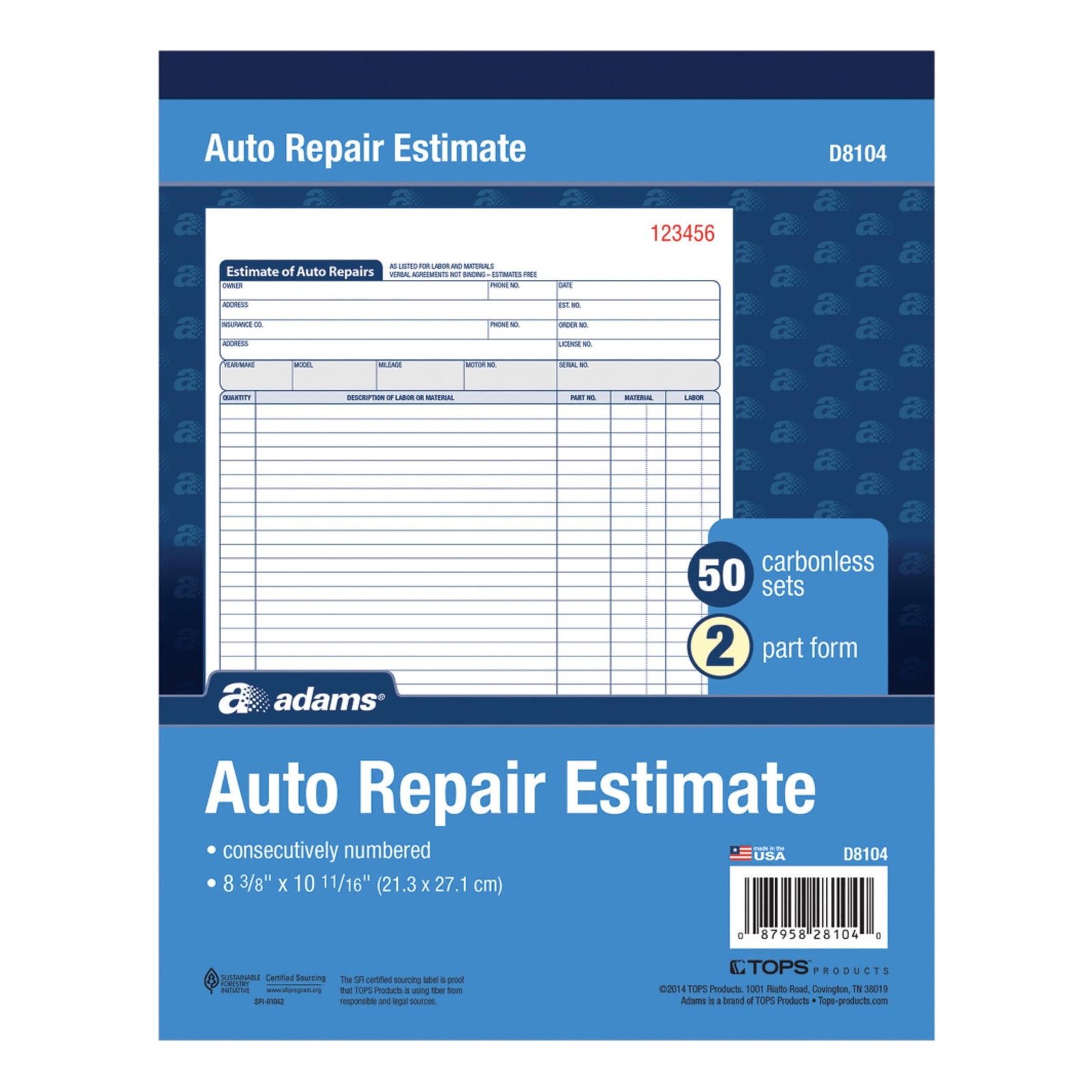 Adams Auto Repair Estimate Books 2 Part Carbonless 50 Sets 8.38 x 10.69 Inch
