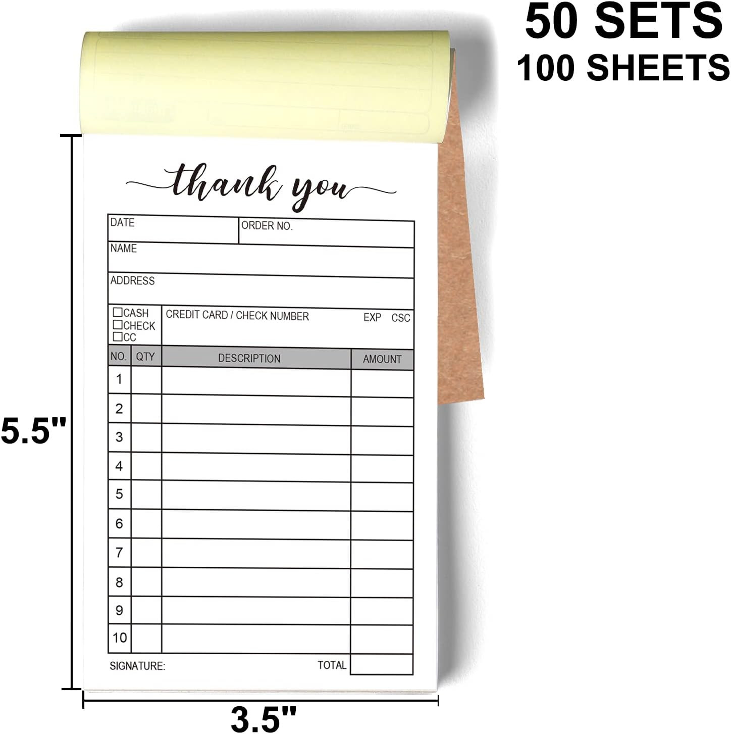 2 Packs 50-Set Thank You Receipt Book, Carbon Duplicate Copy Sales Receipt Form,