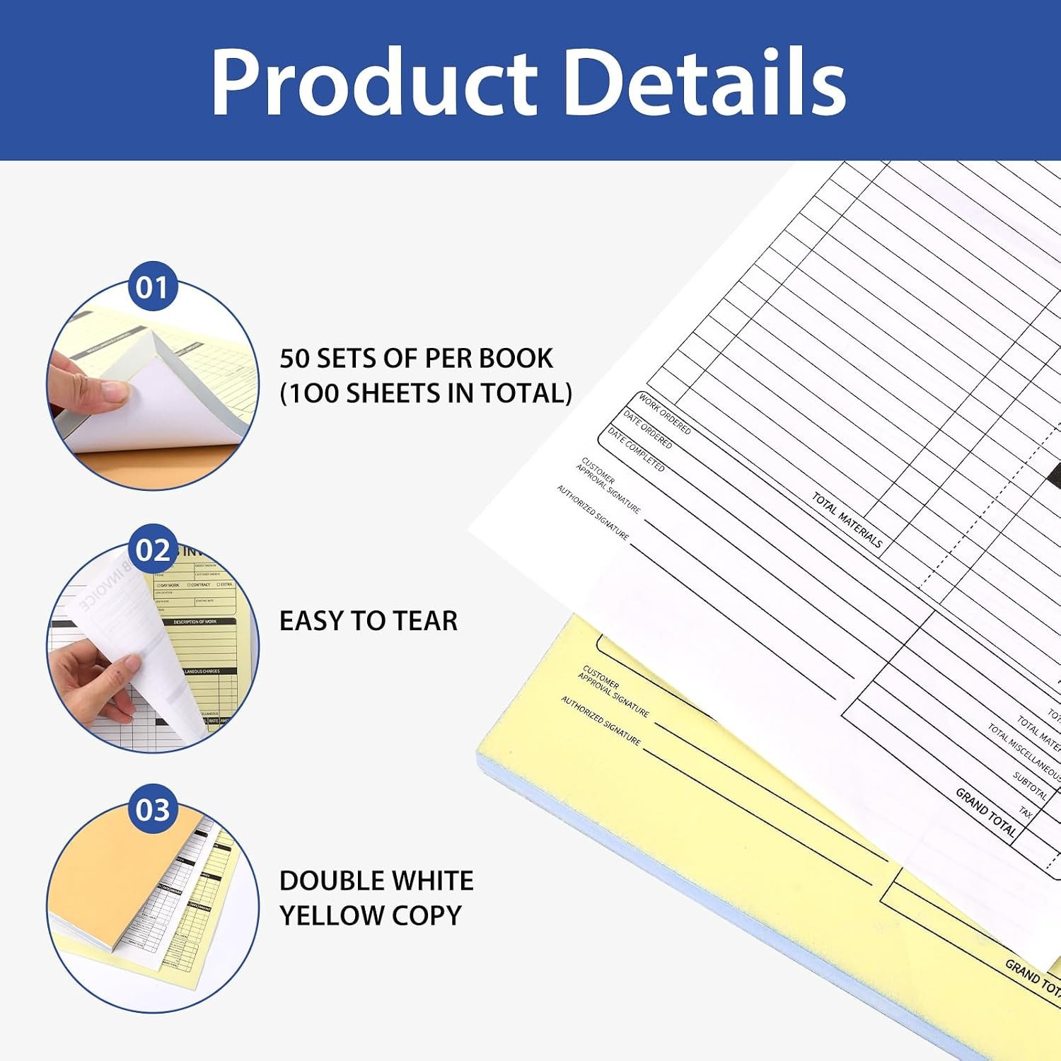 Carbonless Work Order Forms & Invoice Book 7.5 x 11 Inches 50 Sets Small