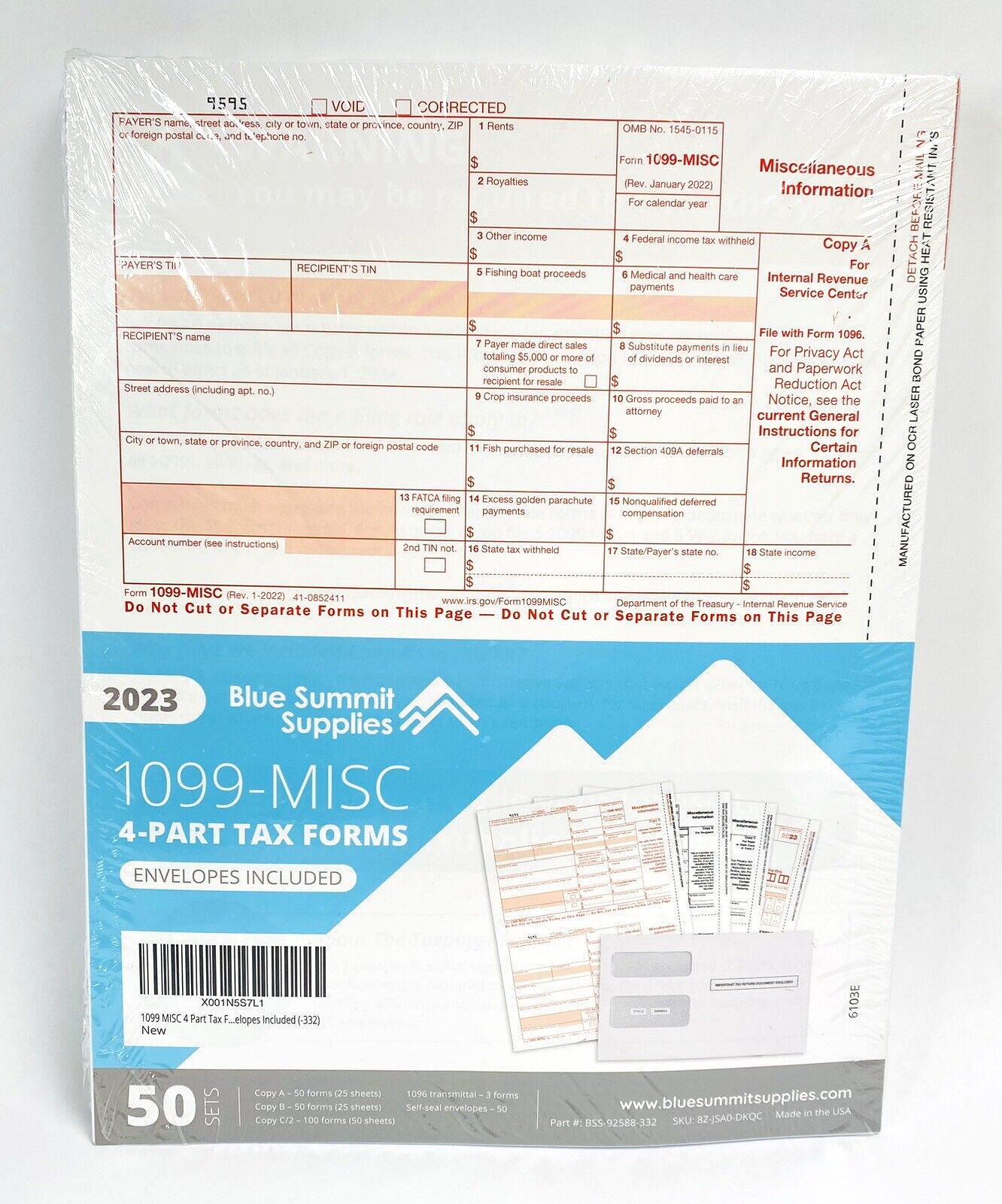 1099 MISC Forms 2022, 4 Part Tax Forms Kit, 50 Vendor Kit-Forms & Envelopes