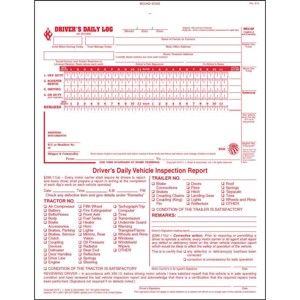 J. J. & Inc. 2-In-1 Driver Daily Log 10-Pk. Detailed Driver