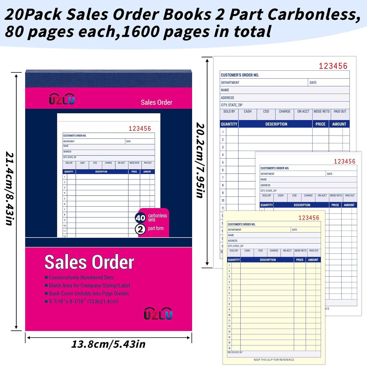 20 Pack Sales Order Book Bulk, 2-Part Carbonless Receipt Form Invoice, White/Yel