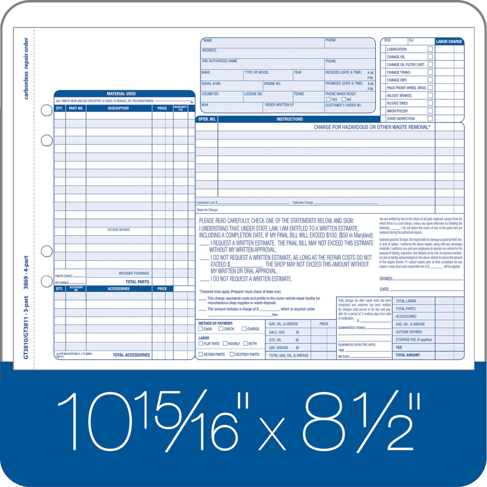 Adams Garage Repair Order Forms, 8.5 x 11 Inch, 3 Parts, 1-pack, White/Canary