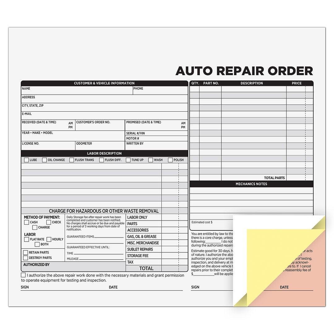Auto Repair Order Forms 3 Part Carbonless 50 Pack White Canary Pink Wrap