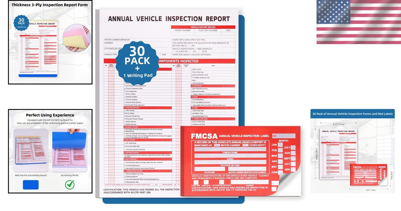 30 Pack Vehicle Inspection Report Forms 3 Ply DOT FMCSA Stickers
