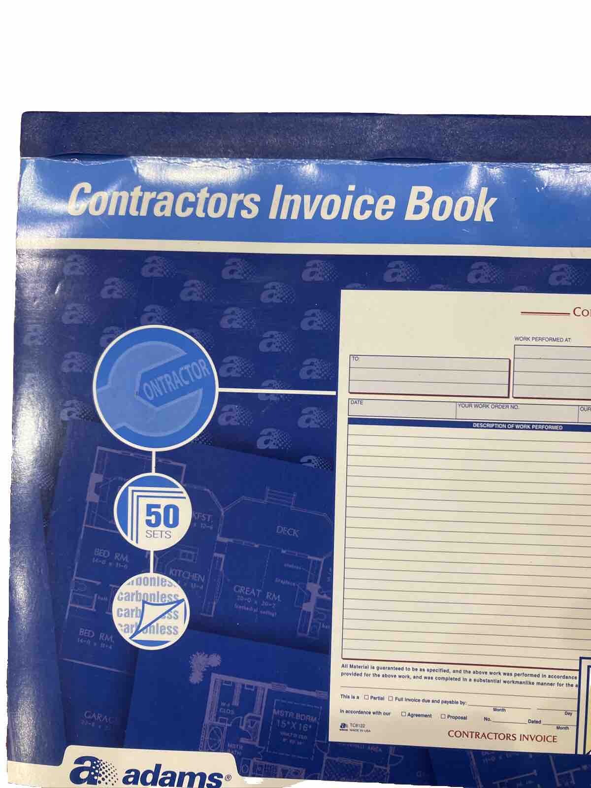 Adams Contractor Invoice Book, 8 3/8 “ X 11 7/16 “ 3-Part, Carbonless, Preowned