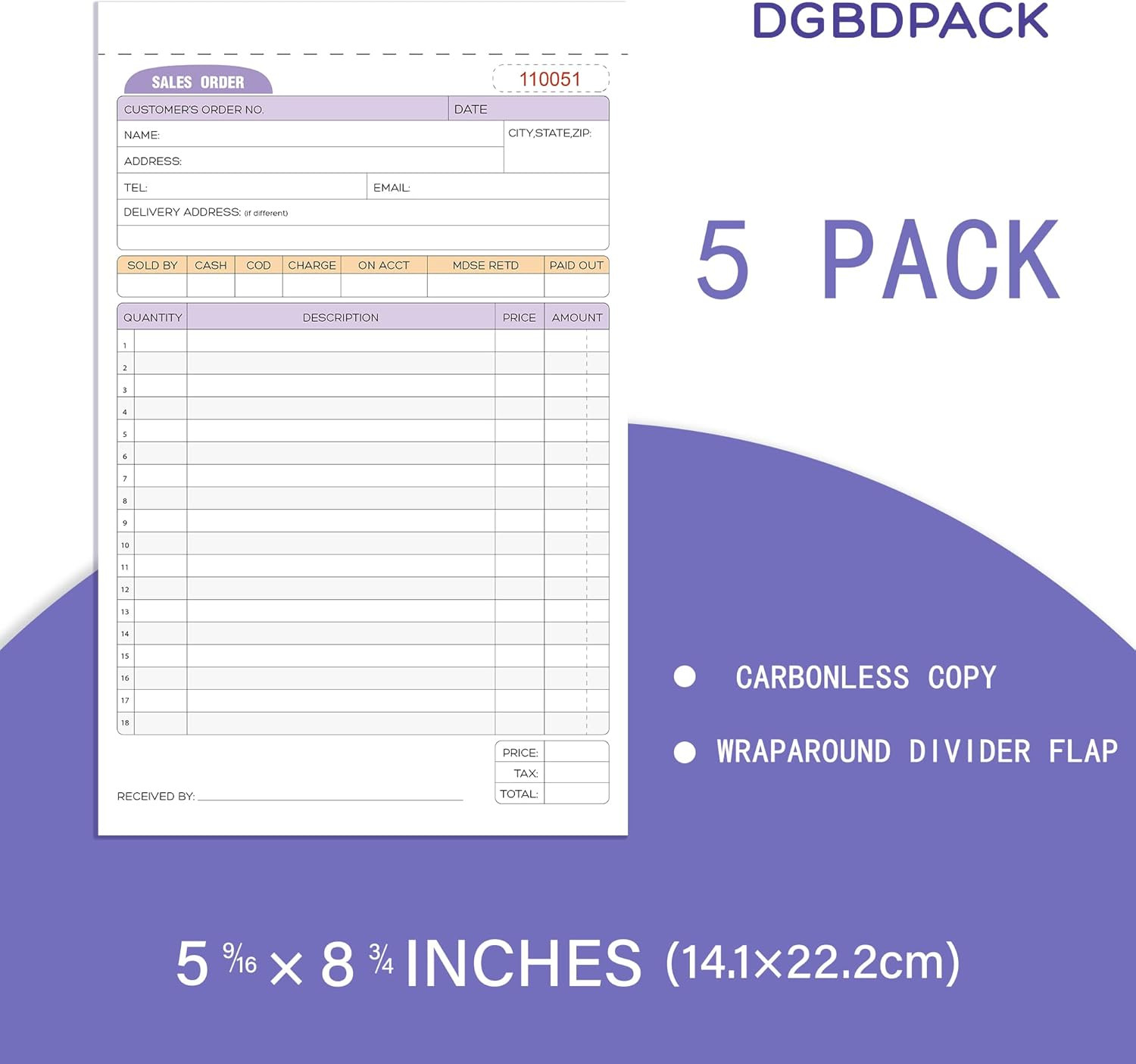 Sales Order Book 5 Pack, 2 Part Carbonless Invoices, White/Canary, 5-9/16 x 8-3/